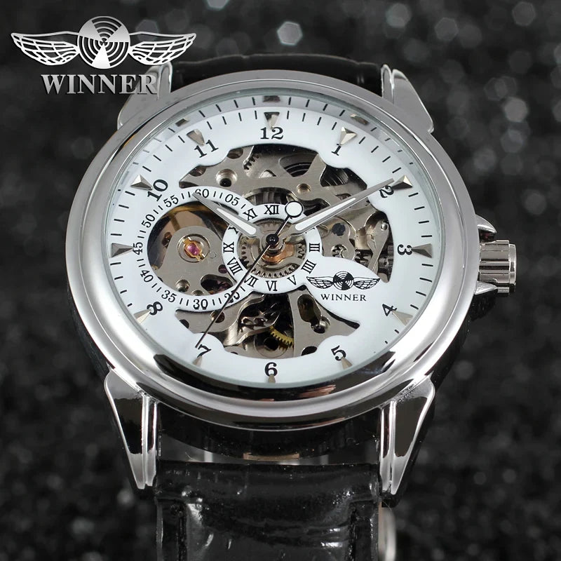 T-winner Leather Strap Skeleton Auto Mechanical Watch