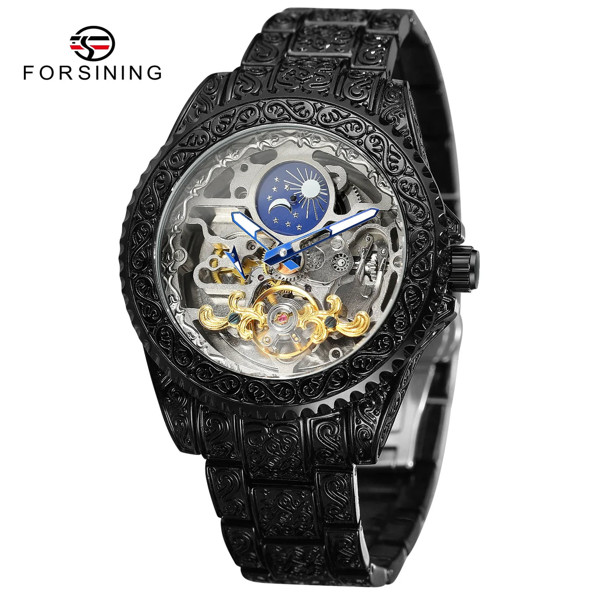 Forsining Skeleton Moonphase Stainless Steel Watch