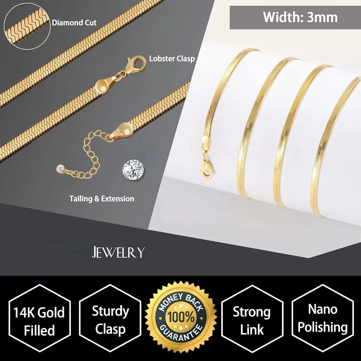 14K Gold Plated Herringbone Snake Chain Necklace