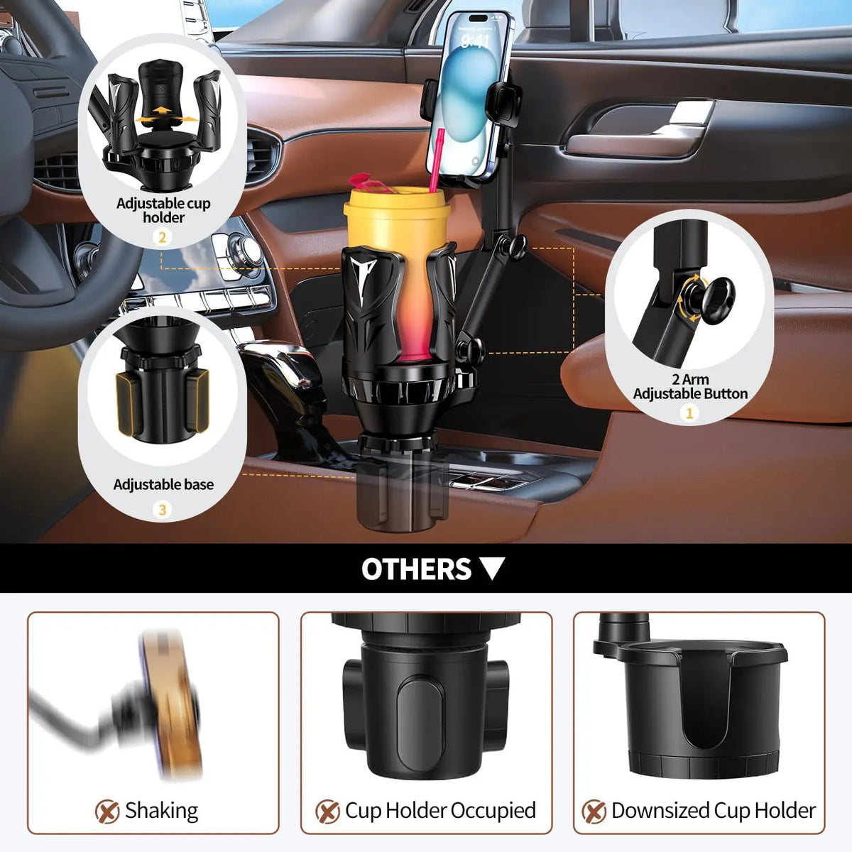 Car Cup Holder Phone Mount Extender - 2-in-1 Universal Phone Holder