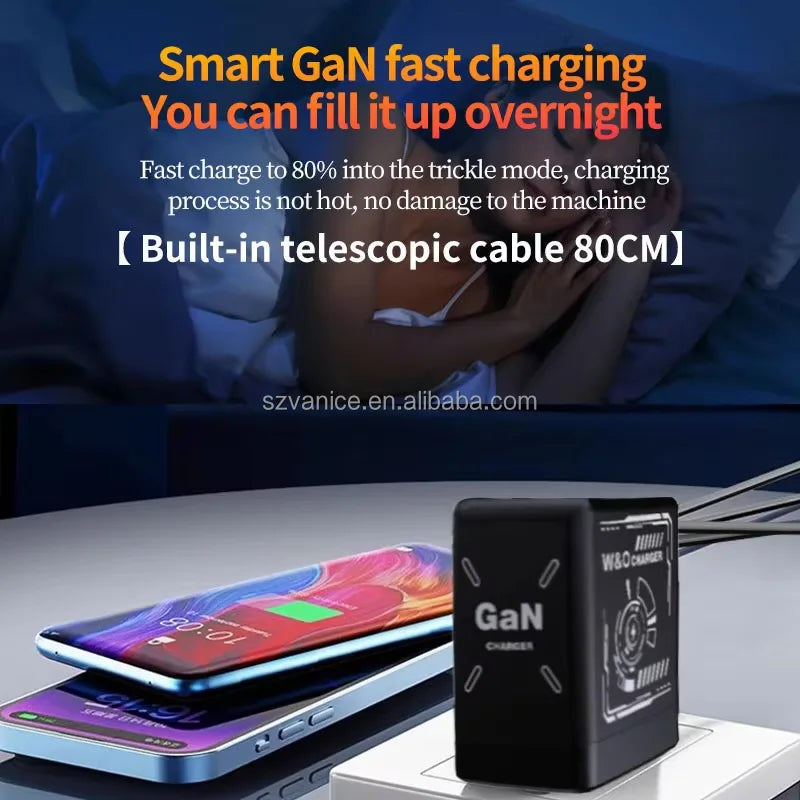 120W USB-C PD GaN Fast Charger With Retractable Type C Charging Cable