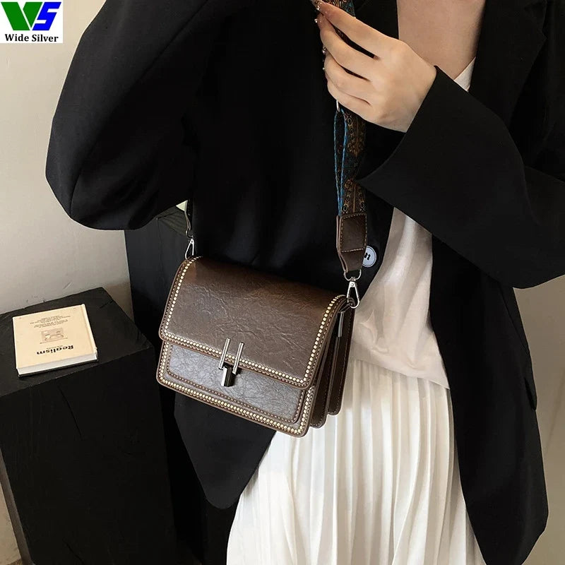 Wide Silver Vintage Women's PU Leather Messenger Bag