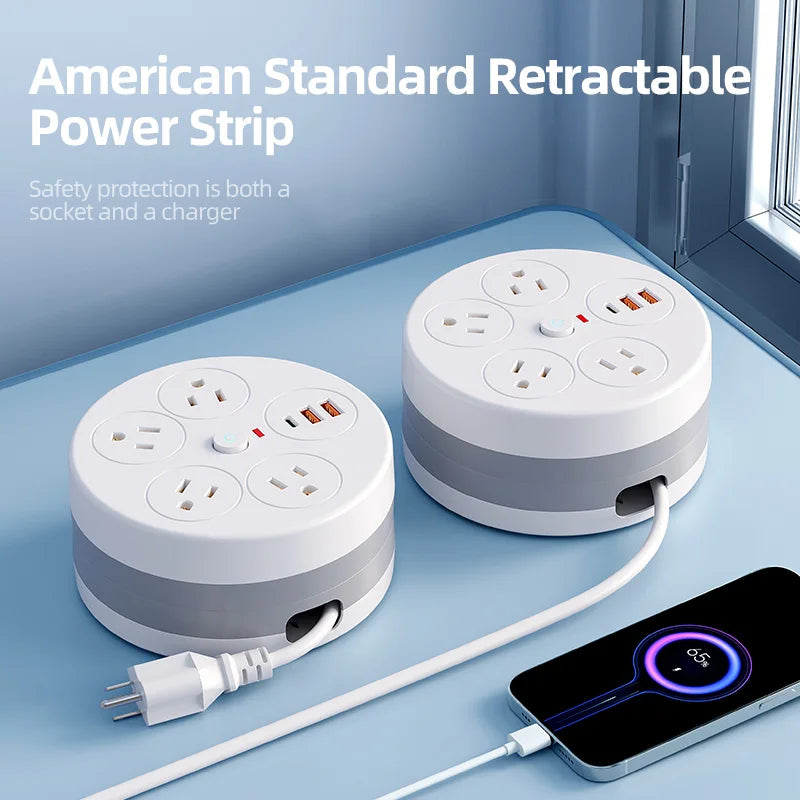 ROUND POWER SOCKET RETRACTABLE EXTENSION CORD 4AC 3USB US TYPE POWER STRIP