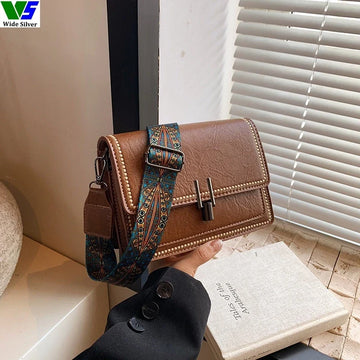 Wide Silver Vintage Women's PU Leather Messenger Bag