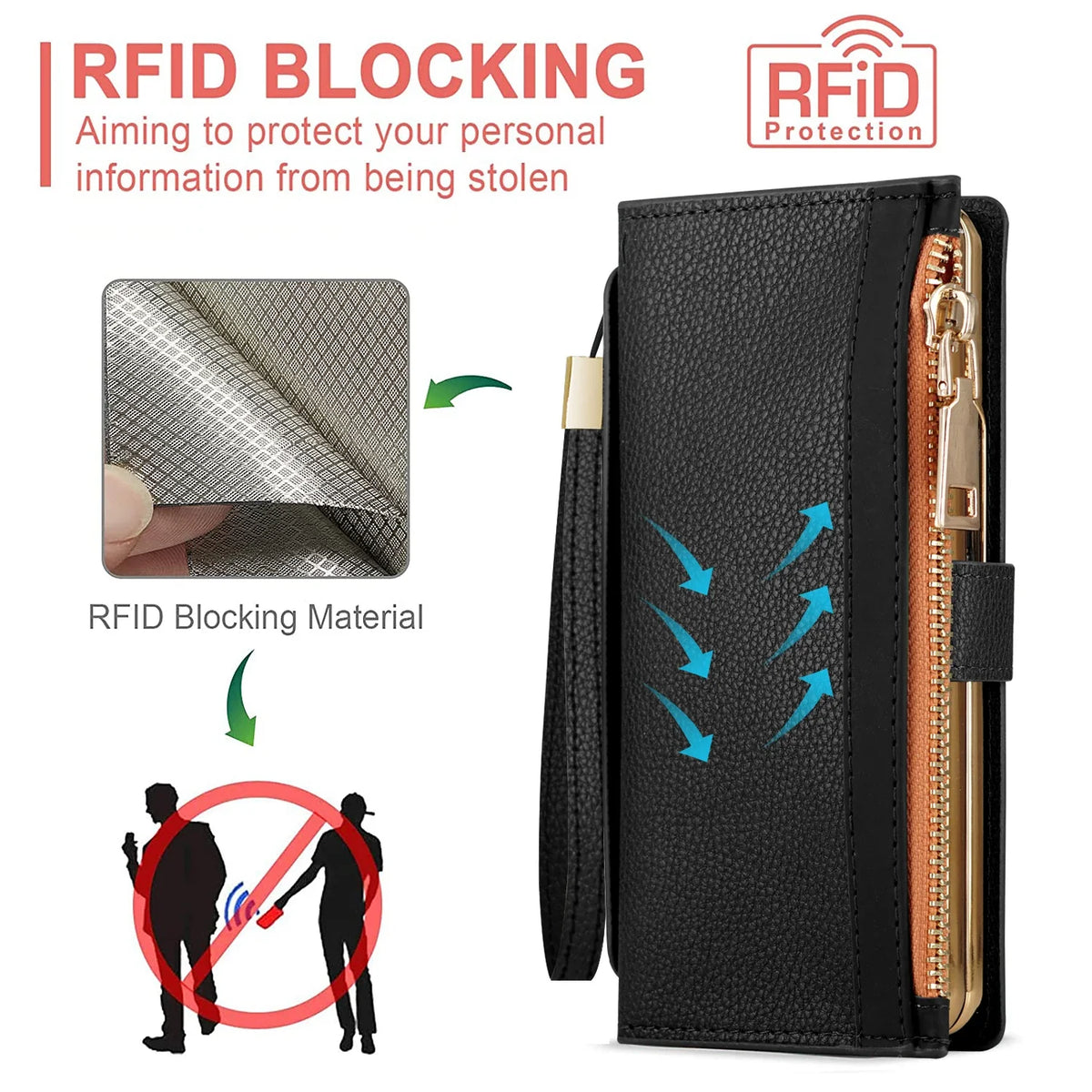 Zipper PU Leather Wallet Card Slots With Pen Solt Stand Case