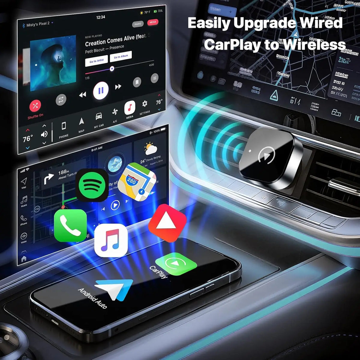 Mini Android Auto & CarPlay Wireless Adapter-2-in-1 USB Type-C Dongle
