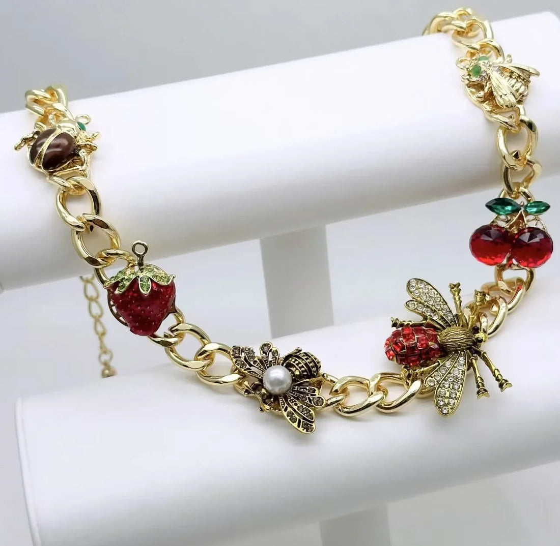 Exquisite Retro Insect Fruit Charm Necklace Set